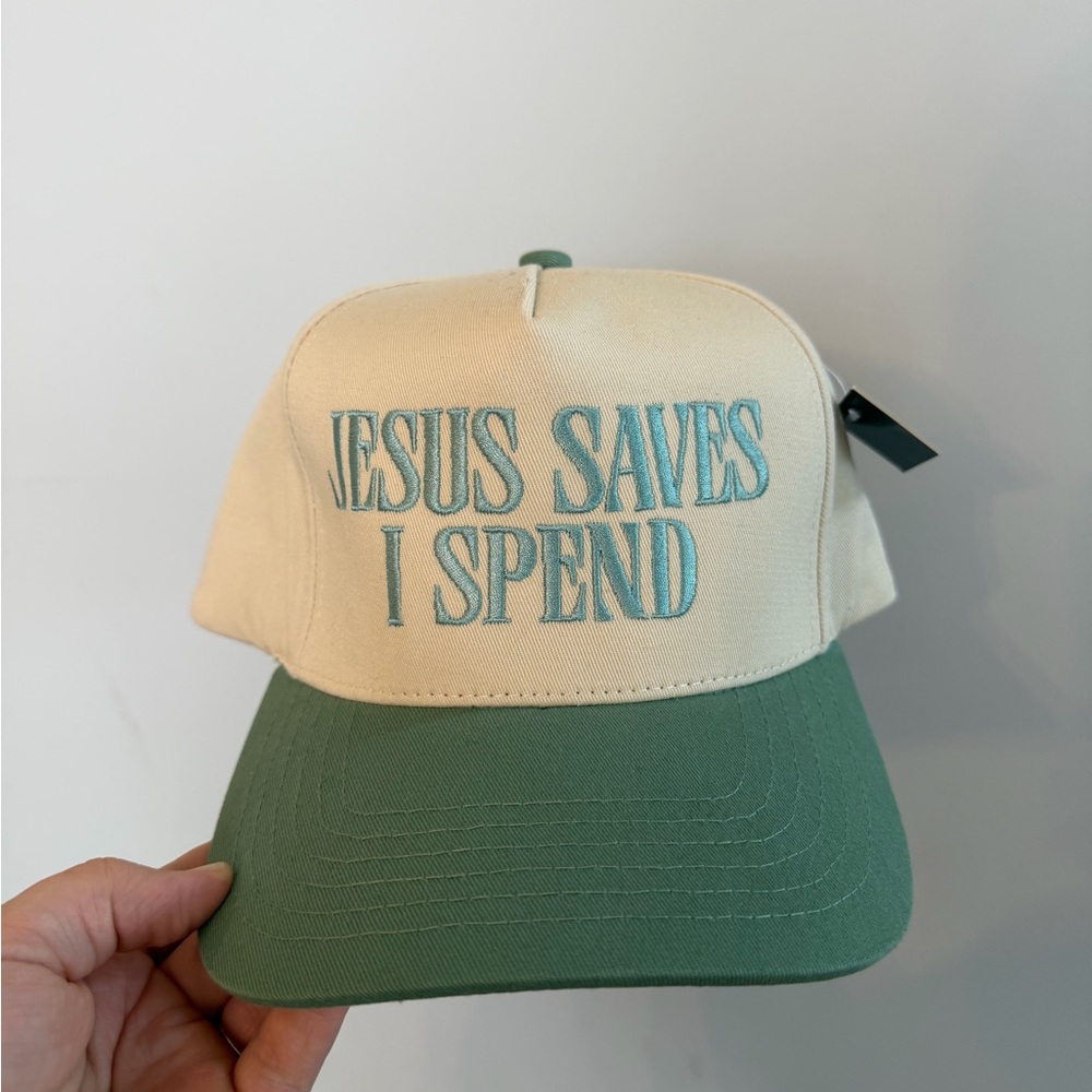 "Jesus Saves I Spend" Two-Tone Beige and Sage Cap